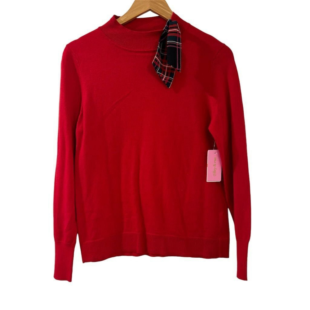 Riley & Rae Sweater Women's Size S Red Mockneck Knit Plaid Bow Christmas NEW